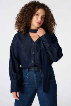 Denim blouse met sjaaltje